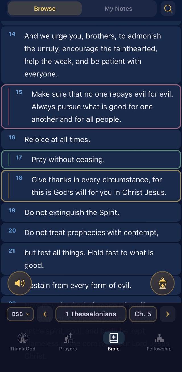 First Thessalonians chapter five open in the Berean Standard Bible, several verses highlighted, with a translation picker and a listen control.