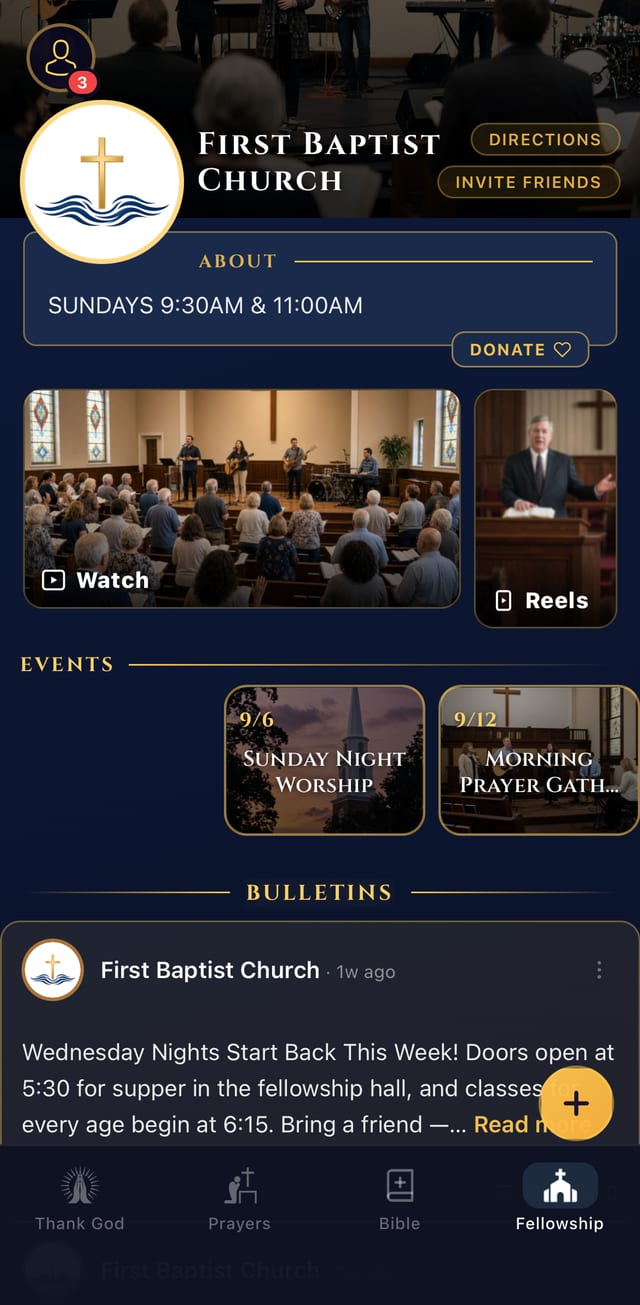 A church page showing service times, directions, sermon video, upcoming events and a bulletin post to the congregation.