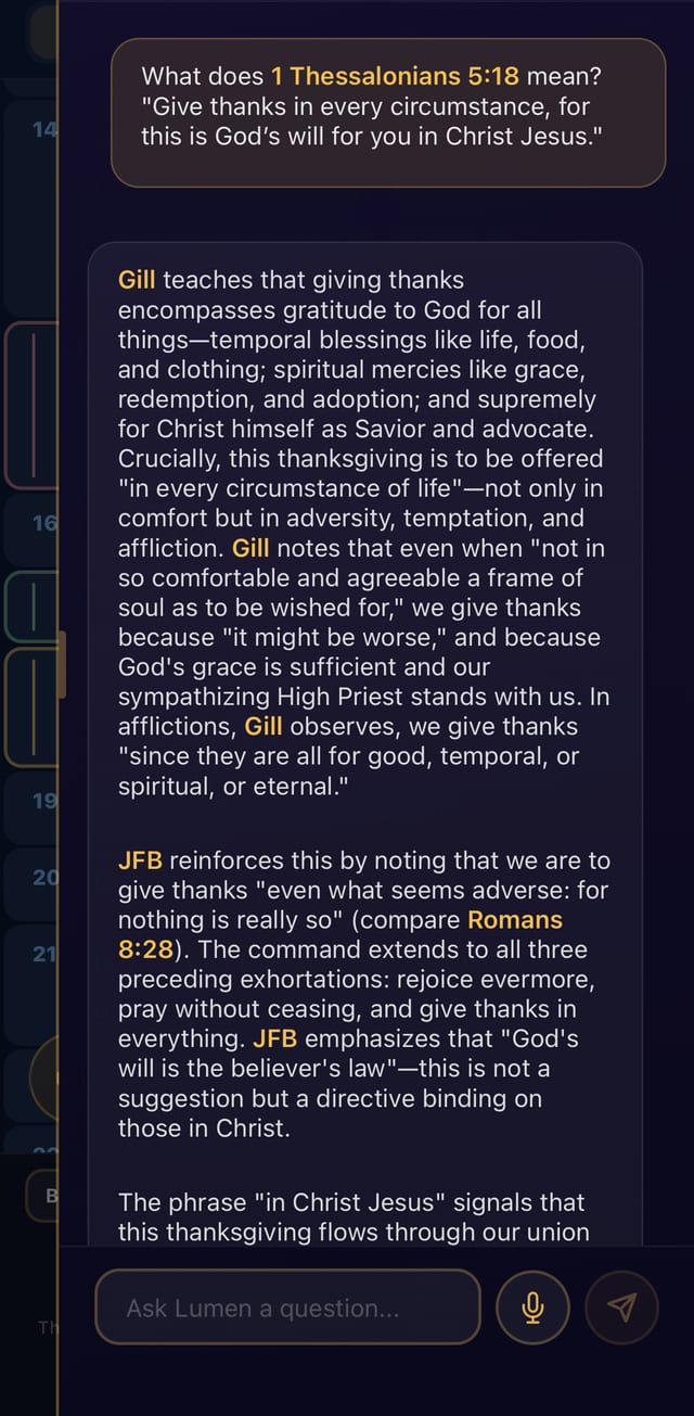 A study answer explaining 1 Thessalonians 5:18, drawing on the commentators Gill and Jamieson-Fausset-Brown, with the verses it cites linked inline.