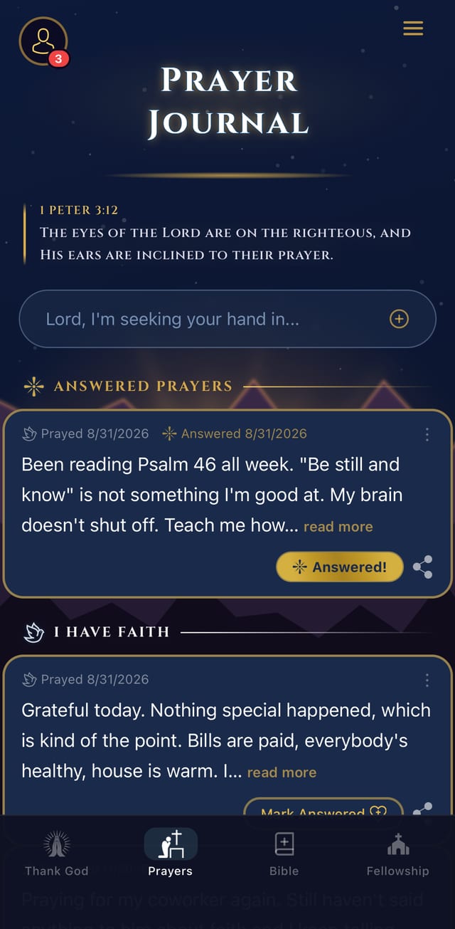 The prayer journal, showing an answered prayer that carries both the date it was prayed and the date it was answered.