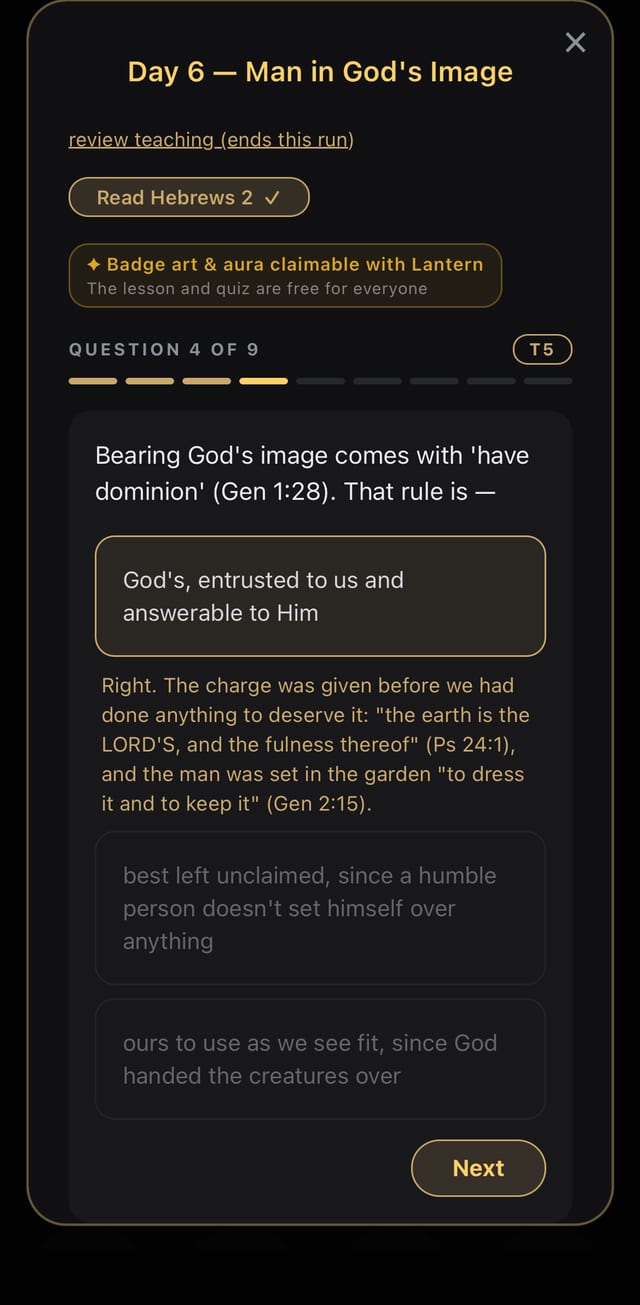 A tier five quiz question on Genesis 1:28, asking what it means that bearing God's image comes with having dominion, four of nine in the run.